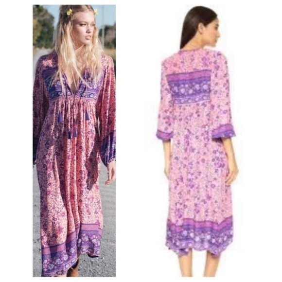 R. Vivimos Paisley‎ Boho Floral Midi Dress size Small 4/6 tie neck festive - Picture 4 of 14